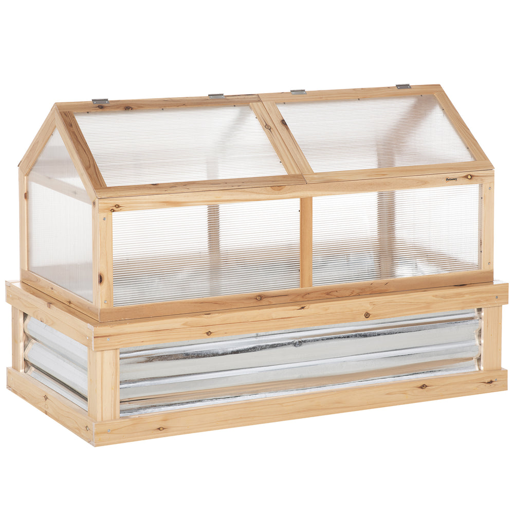 Outsunny Raised Garden Bed with Polycarbonate Greenhouse, Flower Planter Protection, Natural Wood, 48' x 24' x 32' Media 1