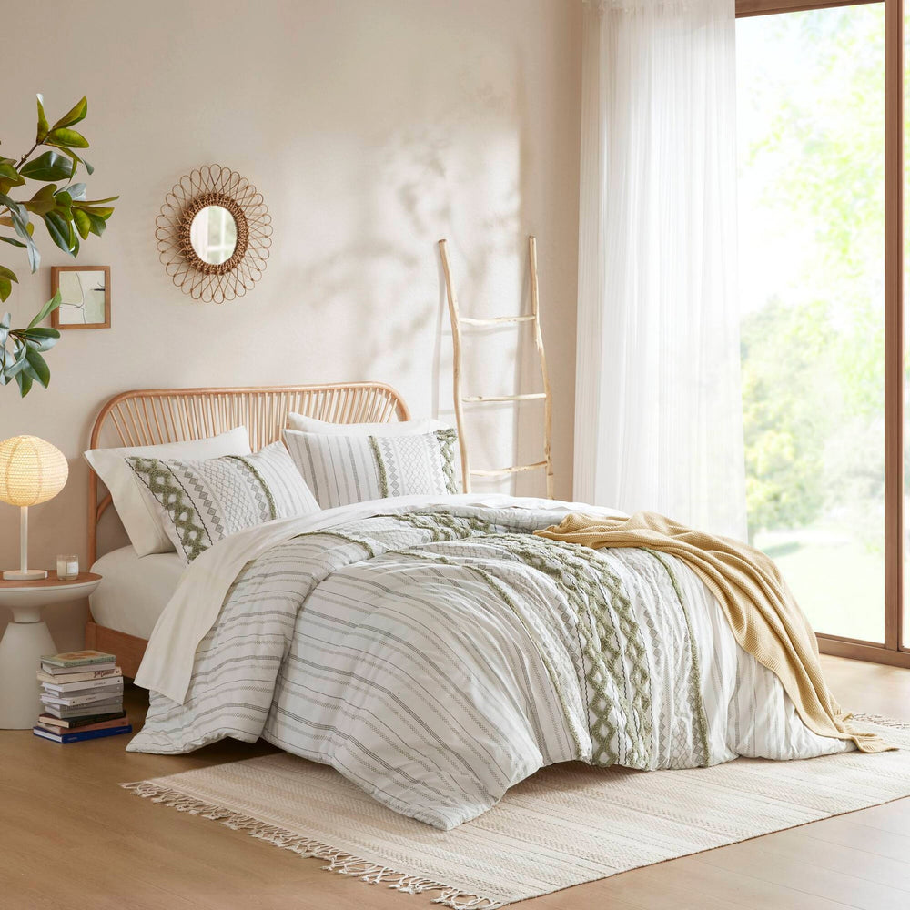 3 PCS Full/Queen Cotton Printed Duvet Cover Set with Chenille Sage/Ivory Media 9