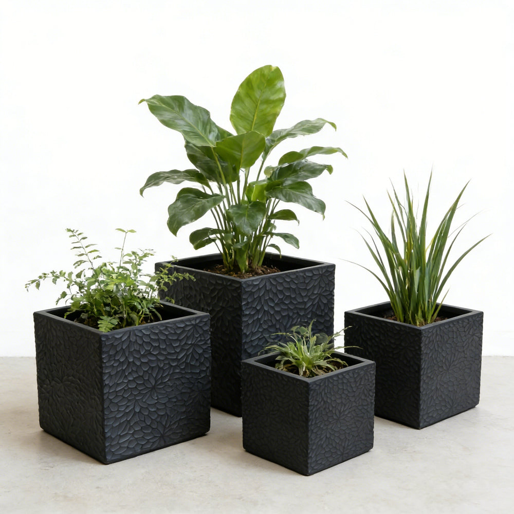 Large Outdoor Indoor Planter, 16.9'+14.37'+11.6' +9.25''Dia Square Magnesium Oxide Planter Set of 4, Flower Pots with Drainage Holes,  Modern Design, Grey Color Planter for Home Garden Patio Media 14