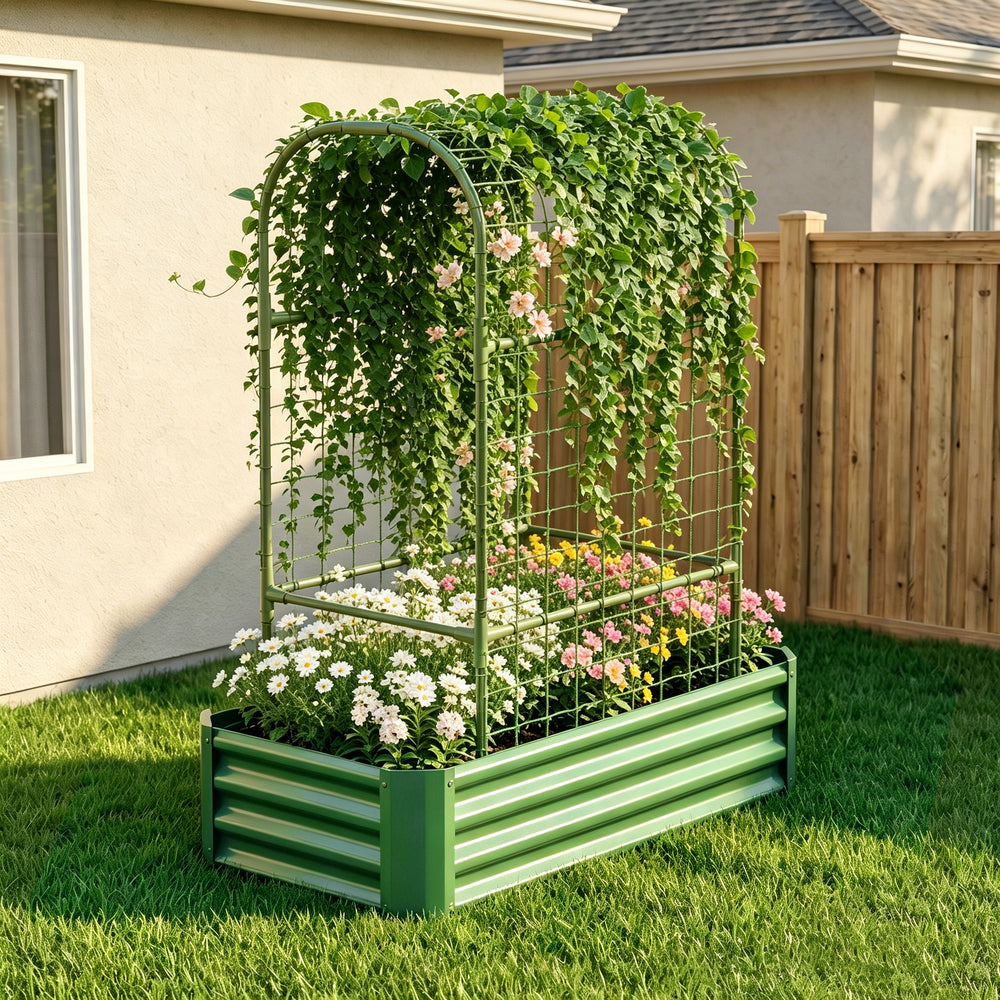 2-in-1 Raised Garden Bed with Trellis - 59' Tall Arch Planter Box for Climbing Plants, Outdoor Galvanized Metal Gardening Bed for Vegetables, Fruits, Flowers (Green, 4x2x1 Ft) Media 4