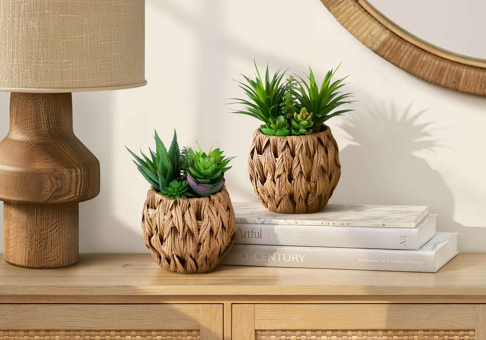 Artificial Plant, Set Of 2, 9' Tall, Succulent, Table, Brown Woven Basket, Contemporary, Modern Media 1