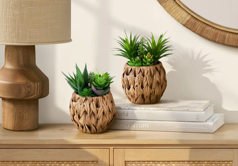 Artificial Plant, Set Of 2, 9' Tall, Succulent, Table, Brown Woven Basket, Contemporary, Modern