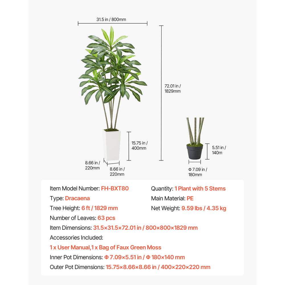 6ft Artificial Dracaena Tree Fake Plant with White Planter Indoor Media 5