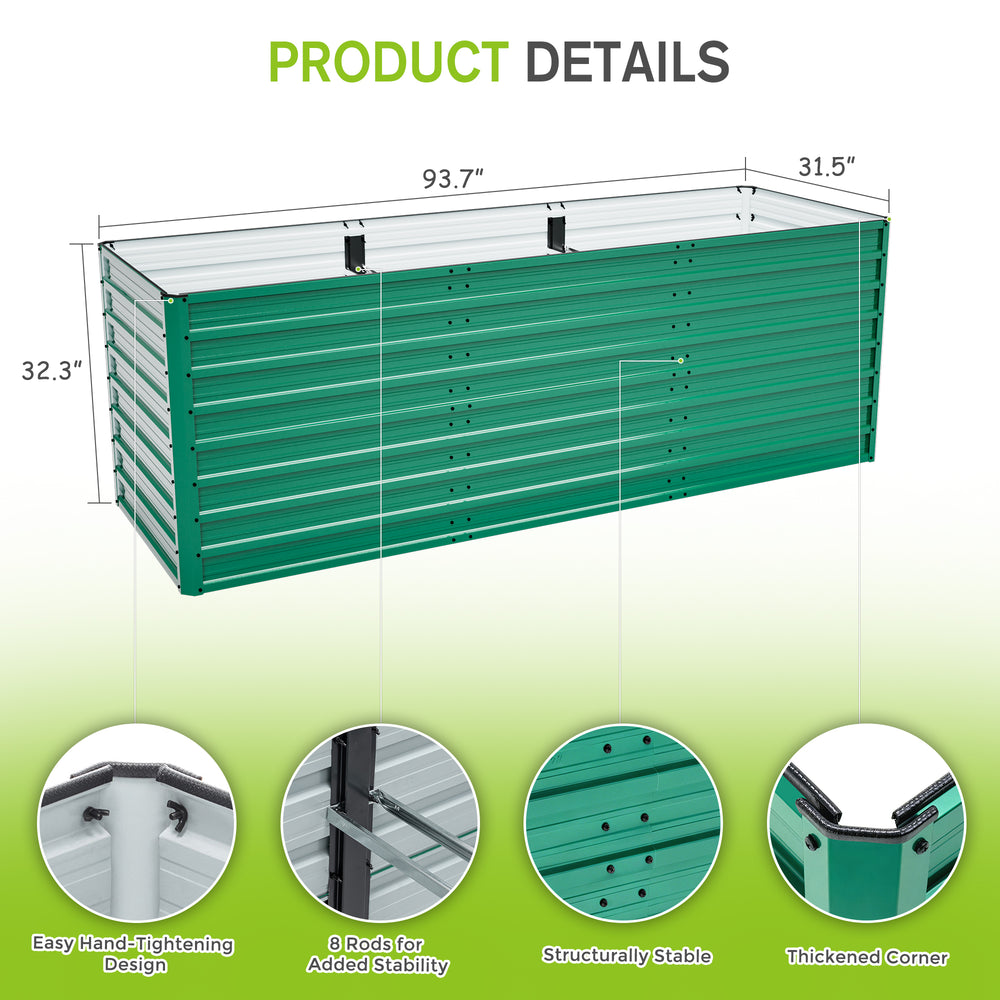 2-Pack 93.7'x31.5'x32.3' Raised Garden Bed, 32' Ergonomic No-Bend Metal Planter Box, Open Base for Drainage & Aeration, 8 Reinforcing Rods, Rustproof Steel – Easy Hand-Tightening Assembly Media 2
