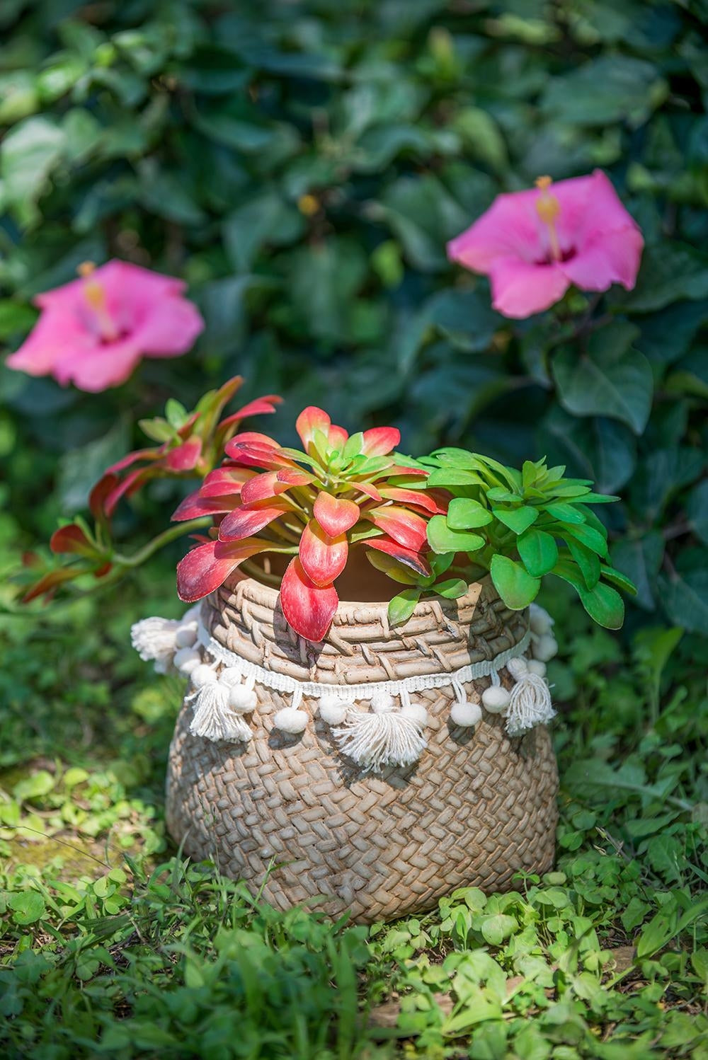 Set of 2 6.5x6.5x6' Brown Cement Planter with Woven Tassel Accent Media 9