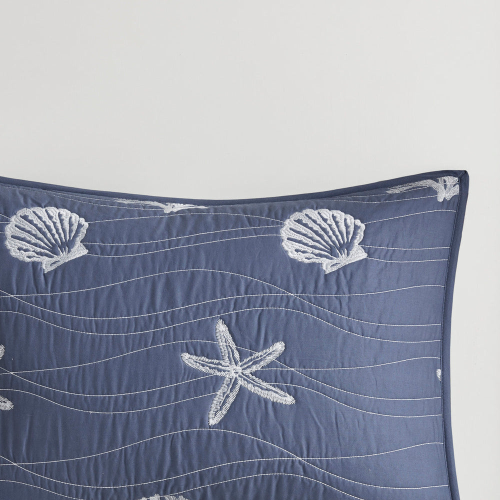 4 Piece Cotton Reversible Embroidered Quilt Set with Throw Pillow Navy King/Cal King Media 13