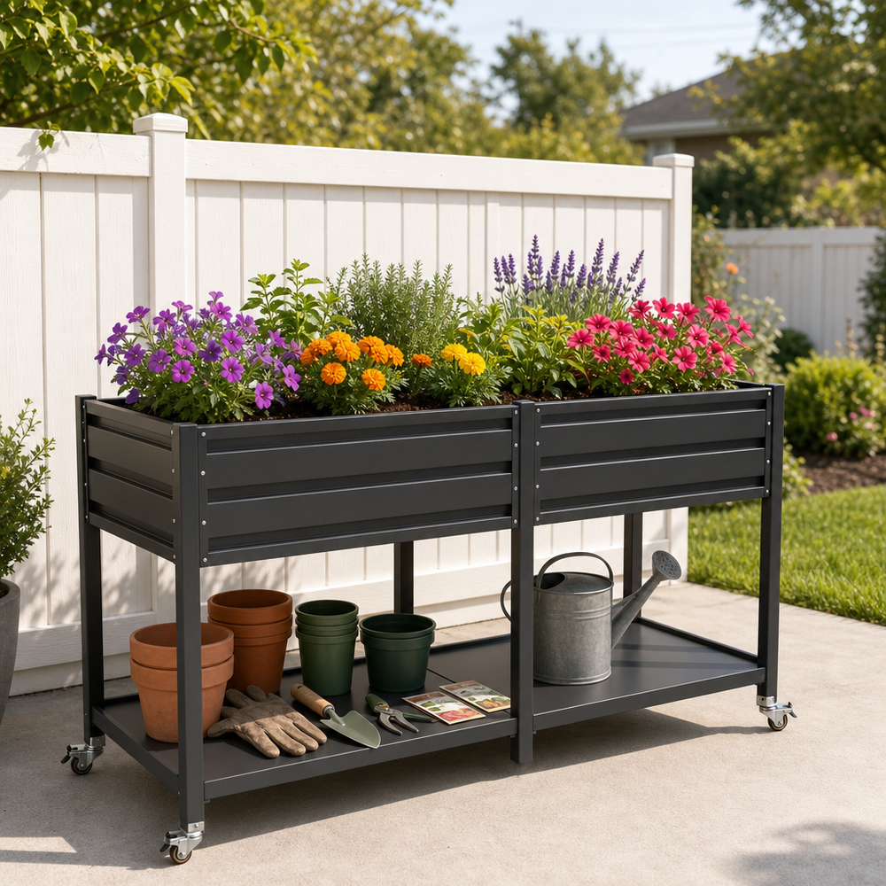 Dual Tier Elevated Metal Raised Garden Bed with Lockable Wheels & Lower Storage Shelf, Dark Gray Staggered Raised Planter Box for Vegetables Herbs Flowers, Outdoor Patio Backyard Raised Planting Bed Media 2