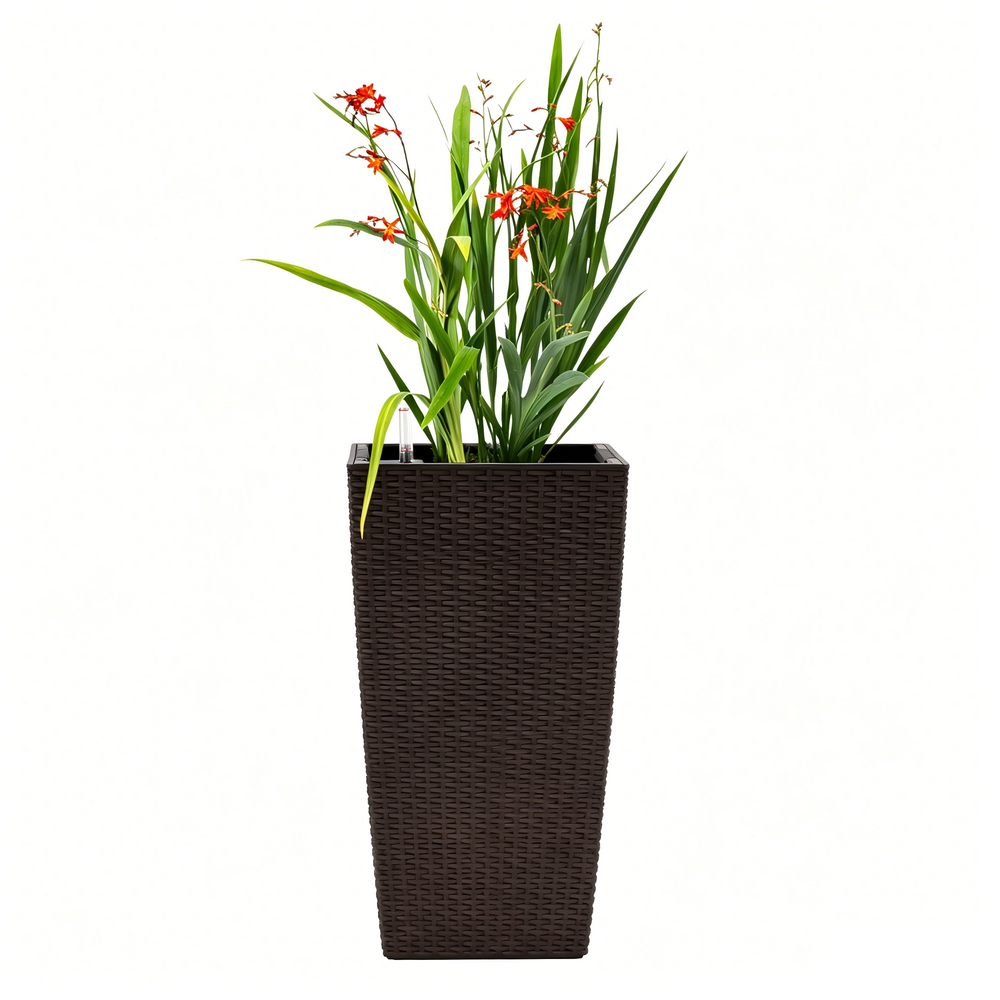 Brown Faux Rattan Indoor Outdoor Planter with Automatic Watering System, 22-Inch High, Pack of 2, Made from Polypropylene Media 10