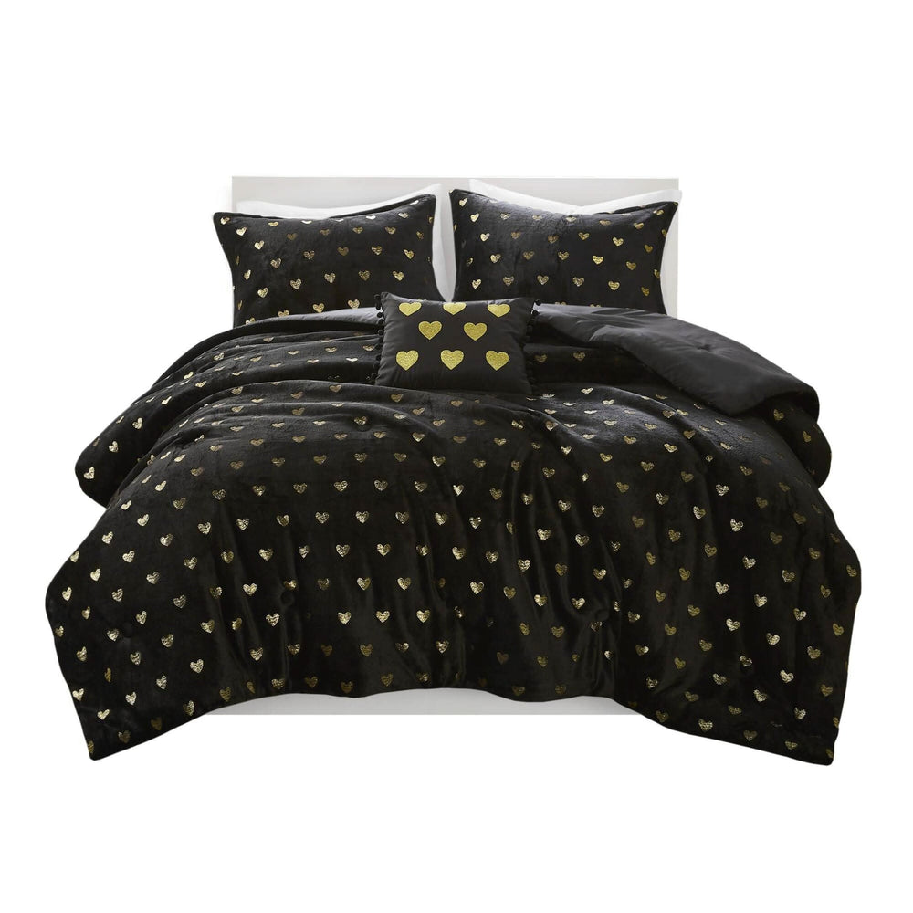 Plush Twin XL Comforter Set Metallic Heart Print With Shams & Throw Pillow Included Media 3