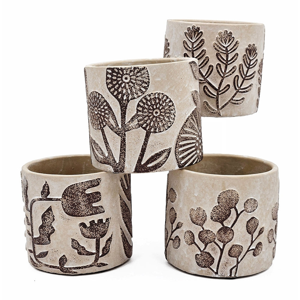 Set of 4 4.3x4.3x4' Gray Sand and Cement Planters with Brown Botanical Motifs Media 3