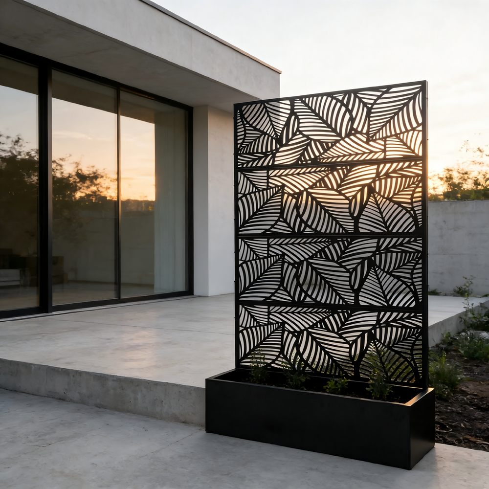 70.87' H × 46.06' W Leaf Pattern Privacy Screen with Planter Box, Black Metal Freestanding Decorative Fence Planter for Patio Balcony Backyard Media 10