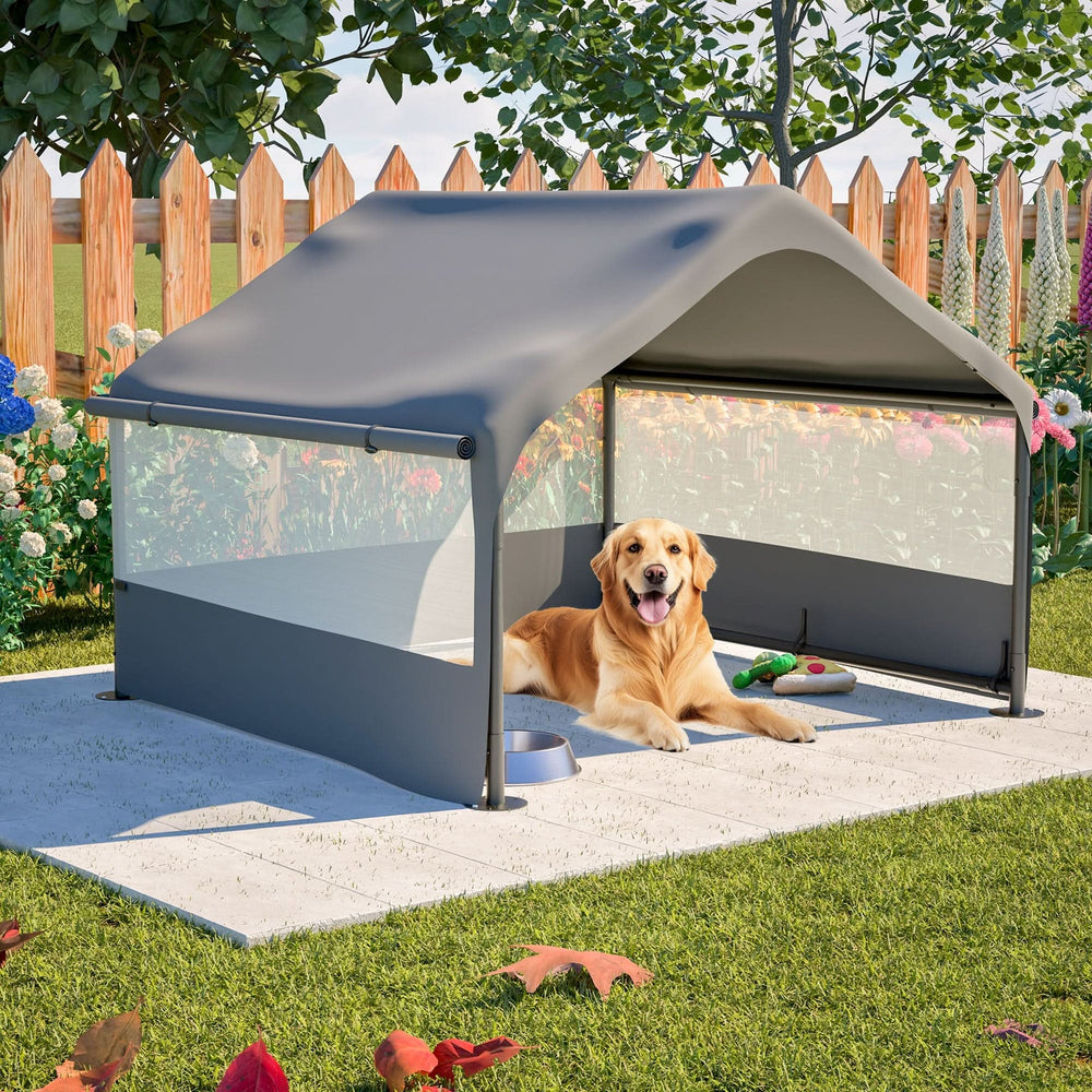 Extra Large Outdoor Dog House Tent with 3-Sided Mesh Windows, Breathable Sun Rain Cover Pet Shelter with Canopy and Ground Stakes for Dogs, Cats, Livestock – 4' x 4' x 3.3', Gray Media 11