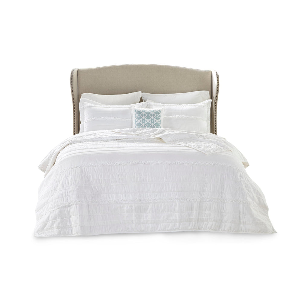 4 Piece   Reversible Ruffle Quilt Set with Throw Pillow White King/Cal King Media 13