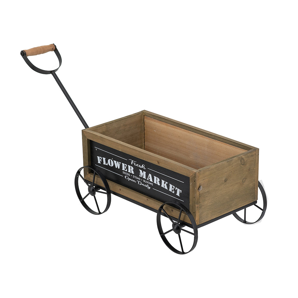 16.5x9.5x8' Rustic Wooden Wagon Planter with Black Iron Wheels and Handle Media 2