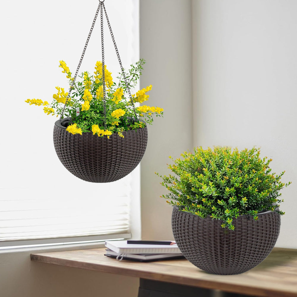 13.4 inch Self-Watering Hanging Rattan-Inspired Planter Large Capacity, Root-Rot Resistant Water Storage with Water Level Indicator, Dual-Use for Indoor & Balcony Decoration (Pack of 2, Brown) Media 6