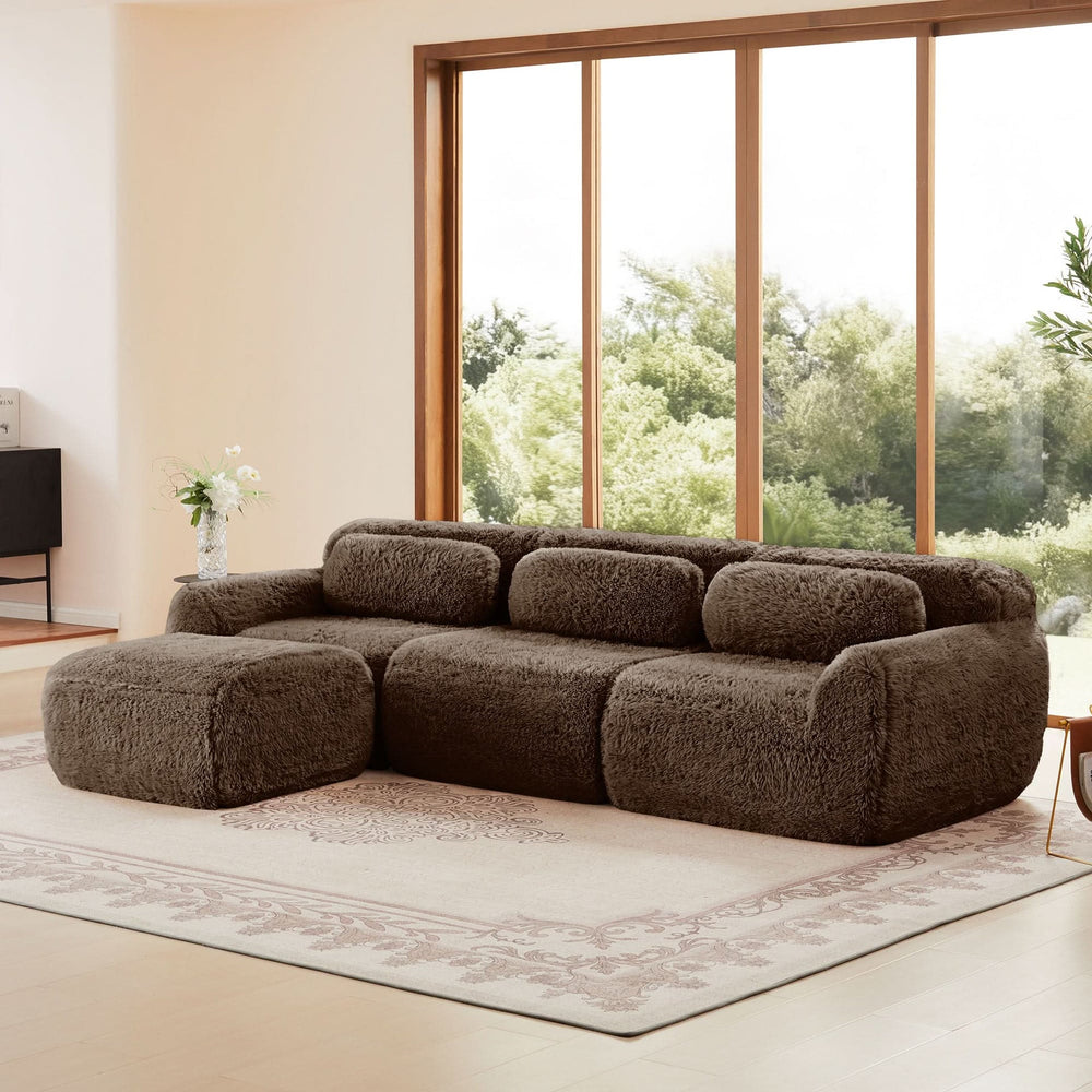L-Shaped Sofa Plush Fabric With Movable Ottoman & Throw Pillows Chocolate Media 2