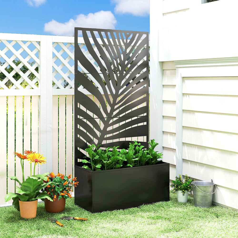 Outsunny Metal Planter Box with Trellis, Raised Garden Bed with Privacy Screen for Climbing Plants, Leaf Cut-Out Privacy Planter Media 2
