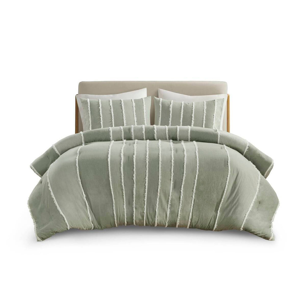 3 Piece Striped Cotton Comforter Set Sage Full/Queen Media 11