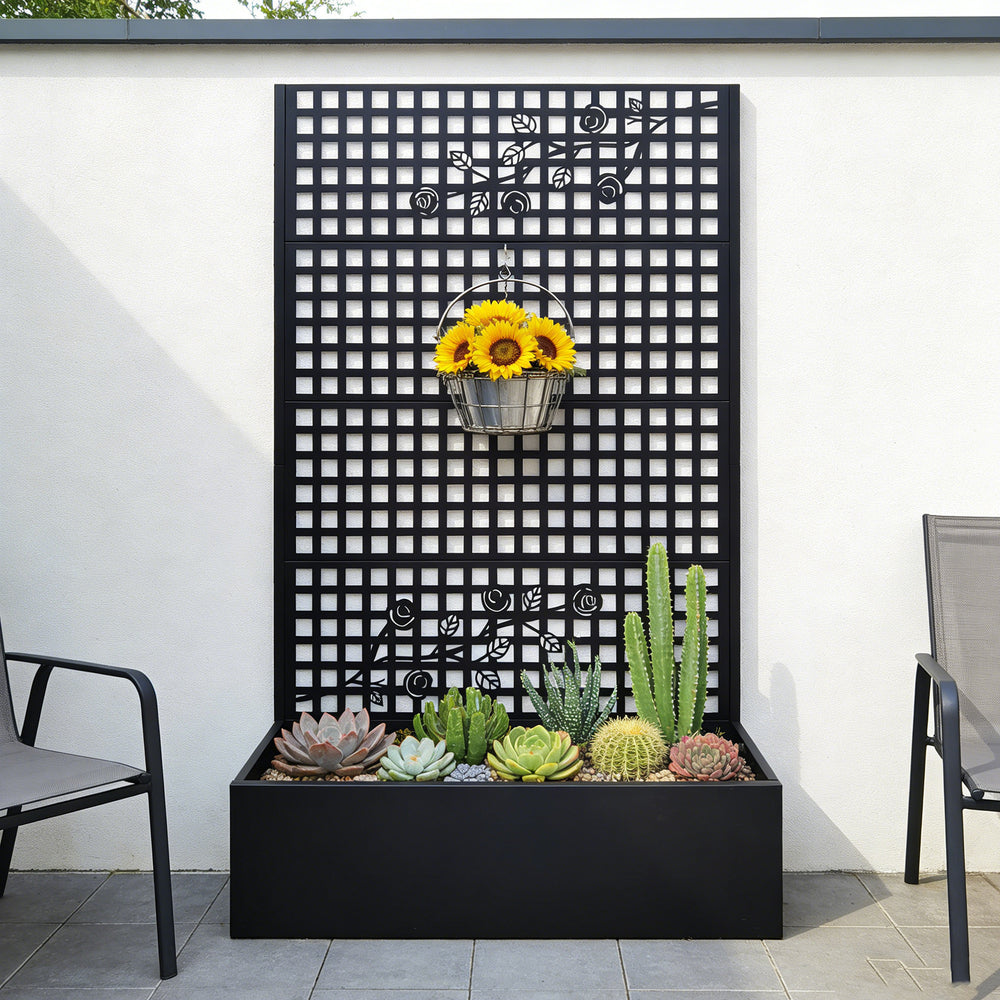 Metal Planter Box with Trellis 70.9in H x 43.3in W x 15.8in D - Outdoor Raised Garden Bed with Privacy Screen Lattice Panels for Patio Decoration for Backyard Patio Balcony, Rose Black Media 9