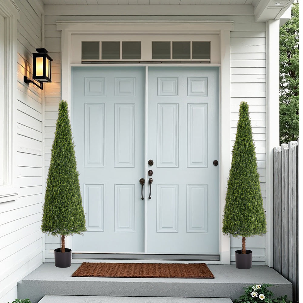 6FT Artificial Conical Topiary Trees  UV Resistant Faux Cedar Bushes and Evergreen Shrubs, Fake Potted Plants for Front Porch Outside Planter Decor, 1pc/set Media 9