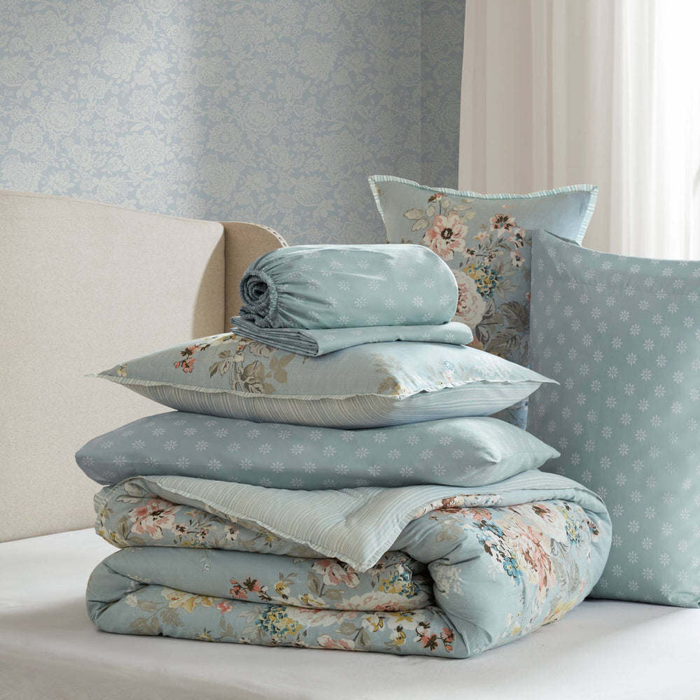 7-Piece Queen 7 Piece Vin -inspired Collection floral print,Soft Blue Media 12