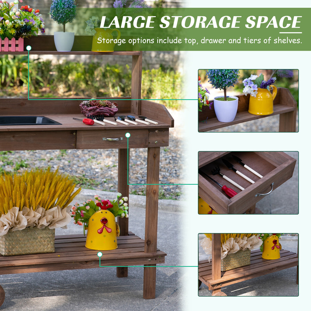 Outsunny 36'' Wooden Potting Bench Work Table with 2 Removable Wheels, Sink, Drawer & Large Storage Spaces, Brown Media 4