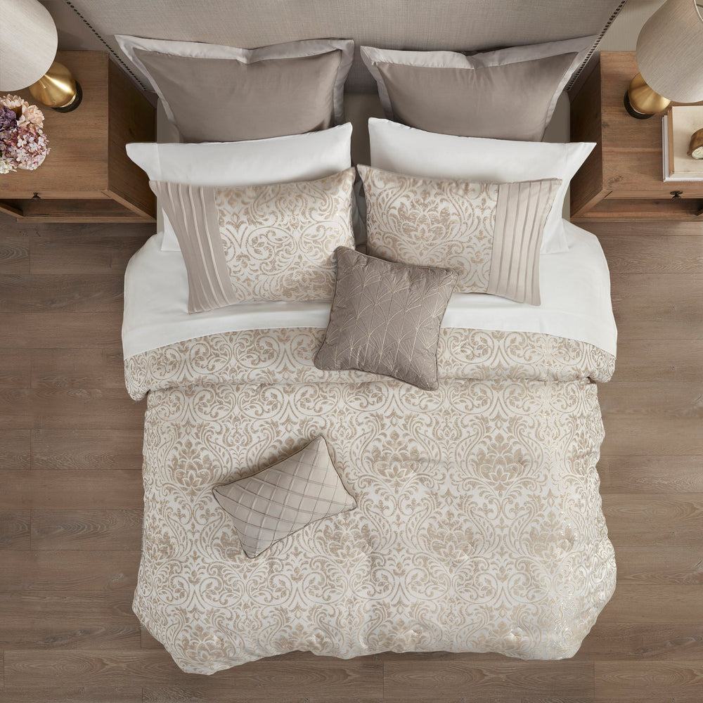 12 Piece Jacquard Comforter Set with Bed Sheets Khaki King Media 18