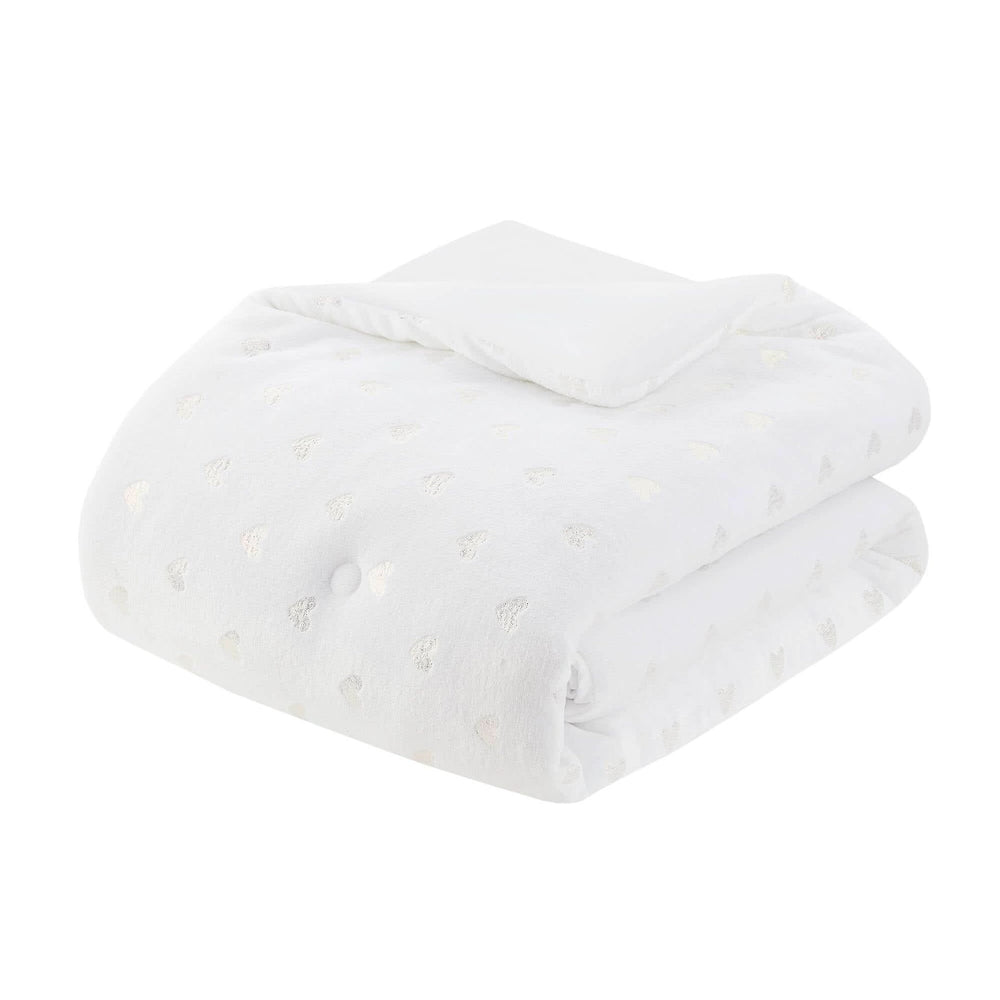 Plush Comforter Set White & Gold Heart Print 4 Piece Full Queen Bedding Includes Shams & Throw Pillow Media 2
