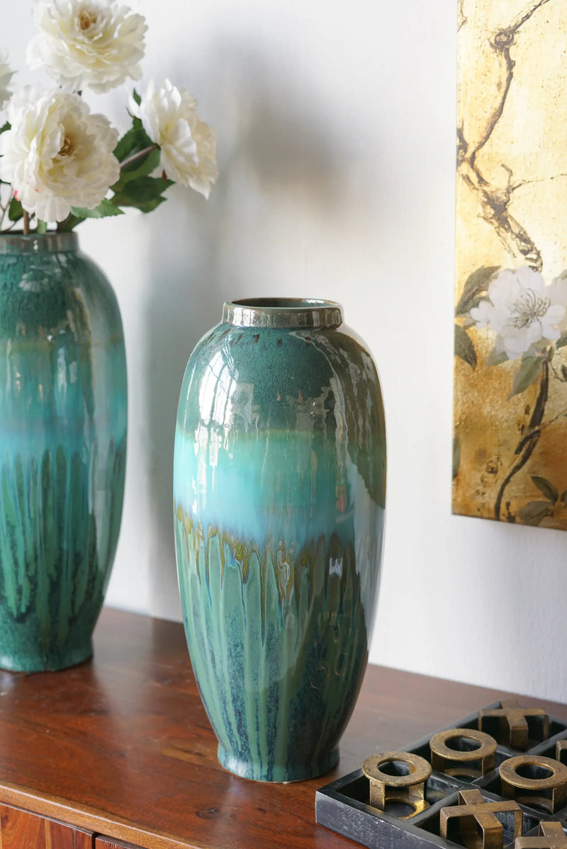 Decorative Ceramic Vase With Blue And Green Reactive Glaze
