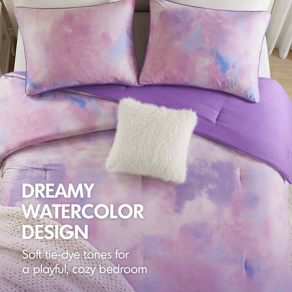 4 Pieces Full/Queen Watercolor Tie Dye Printed Comforter Set with Throw Pillow,Purple Media 9