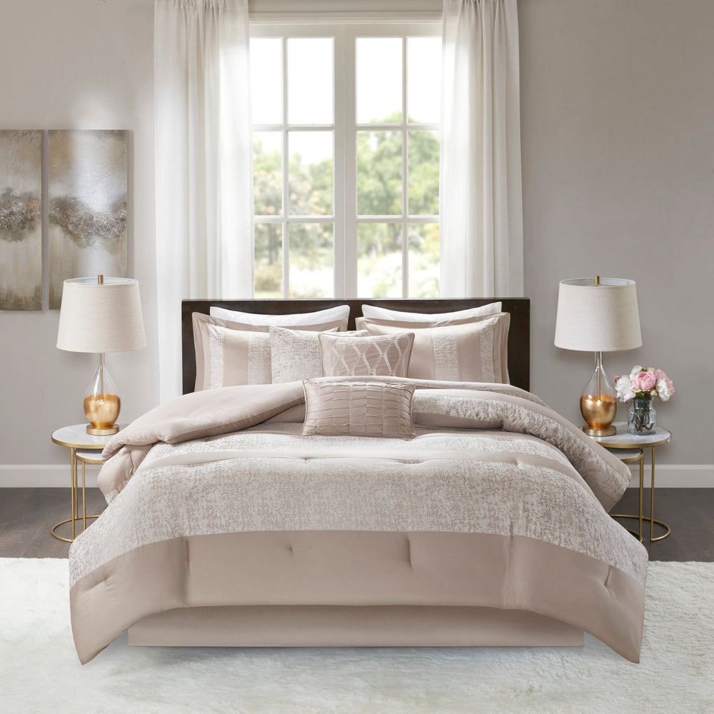 7 Piece Chenille Jacquard Comforter Set Taupe Cal King Media 2