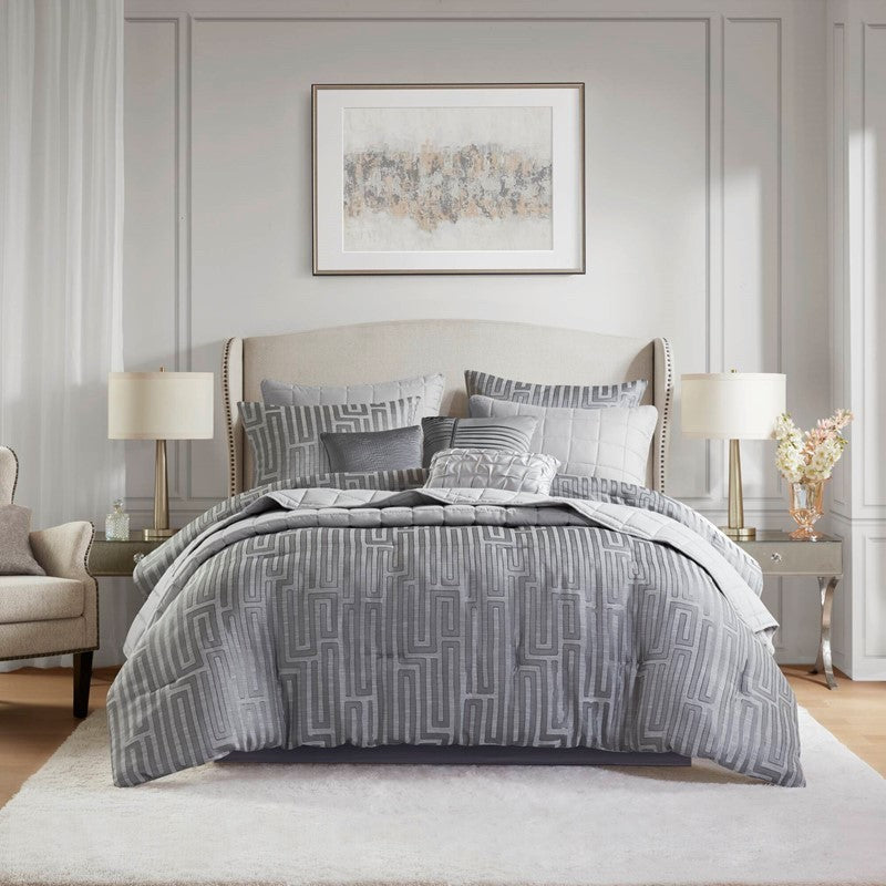 10 PCS King Luxury Jacquard Comforter Set Grey Media 1