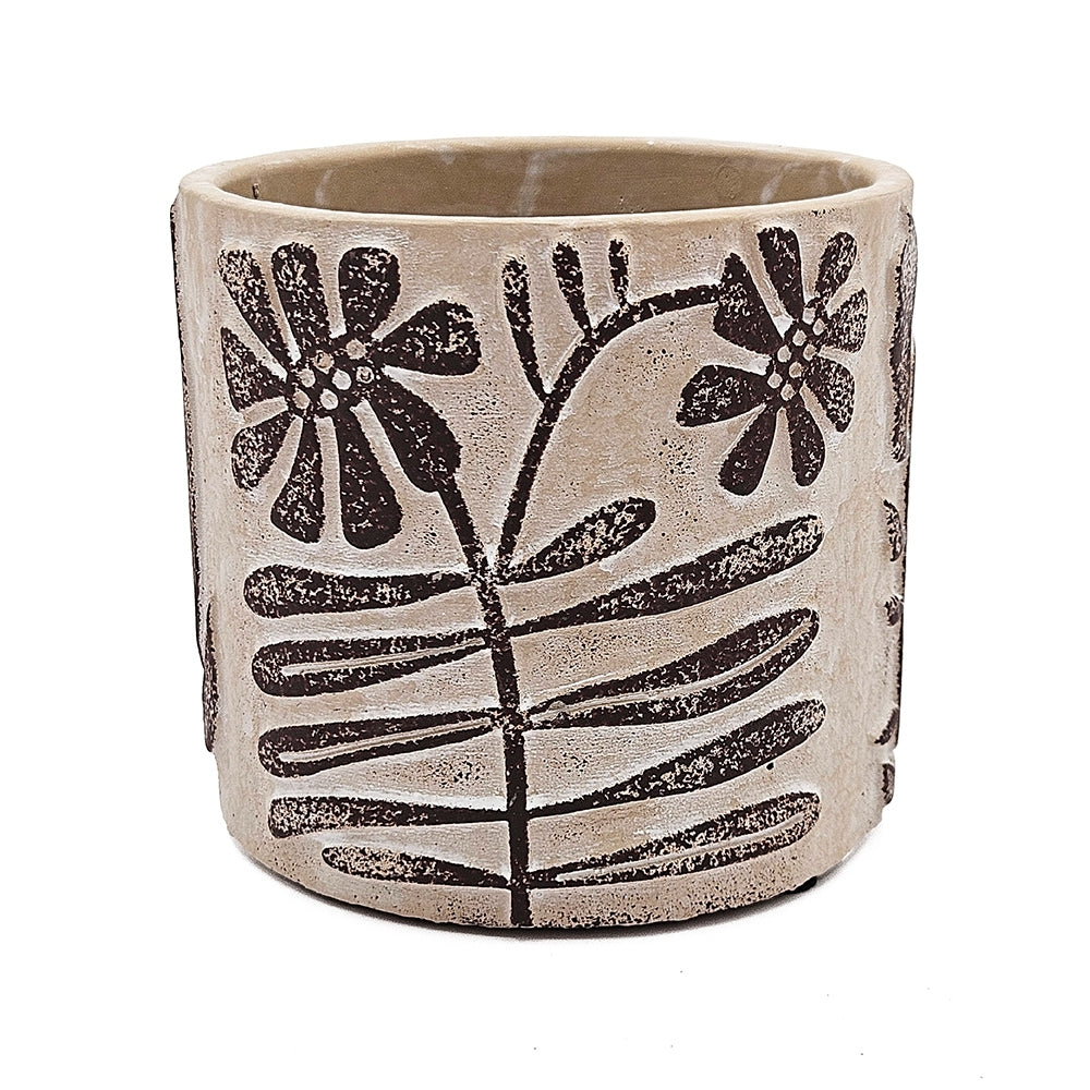 Set of 4 4.3x4.3x4' Gray Sand and Cement Planters with Brown Botanical Motifs Media 8