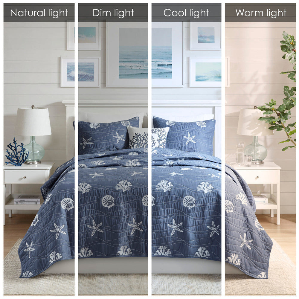 4 Piece Cotton Reversible Embroidered Quilt Set with Throw Pillow Navy Full/Queen Media 15