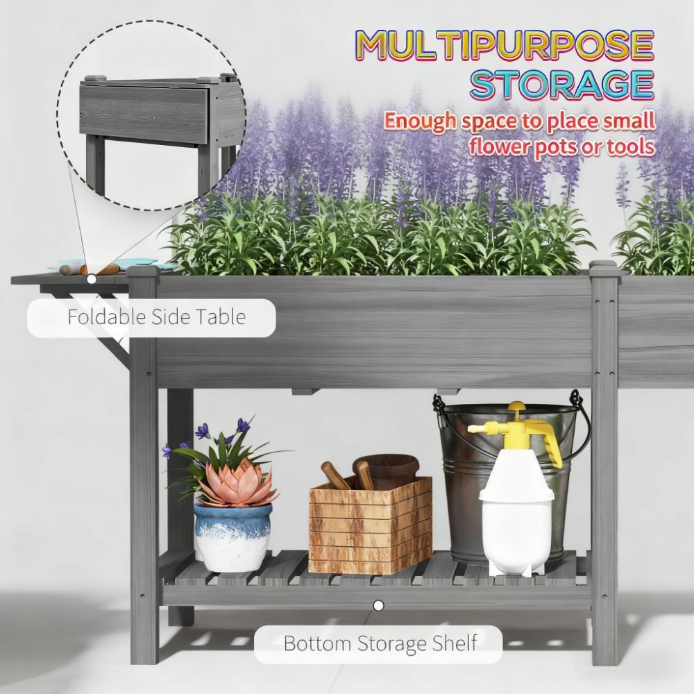 Spacious Elevated Garden Bed,Wood Raised Garden Box,with Side Table,Bottom Shelf,Bed Liners and Drainage Holes Media 5