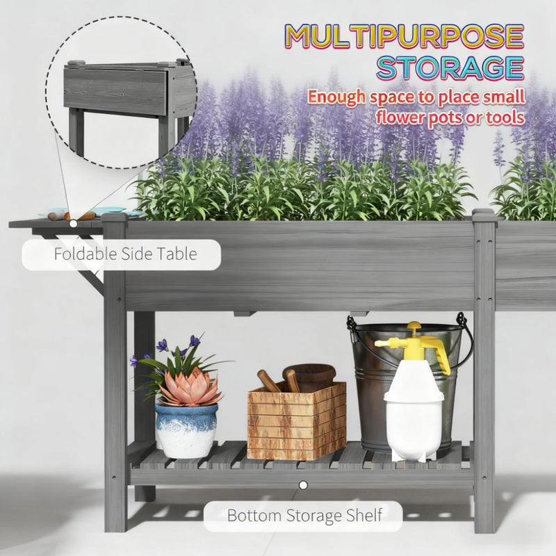 Spacious Elevated Garden Bed,Wood Raised Garden Box,with Side Table,Bottom Shelf,Bed Liners and Drainage Holes