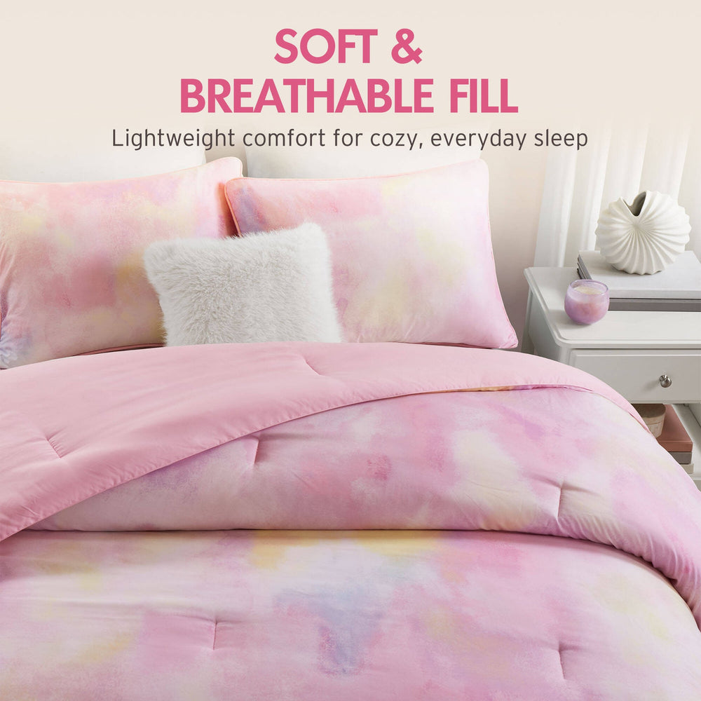 4 Pieces Full/Queen Watercolor Tie Dye Printed Comforter Set with Throw Pillow,Pink Media 3