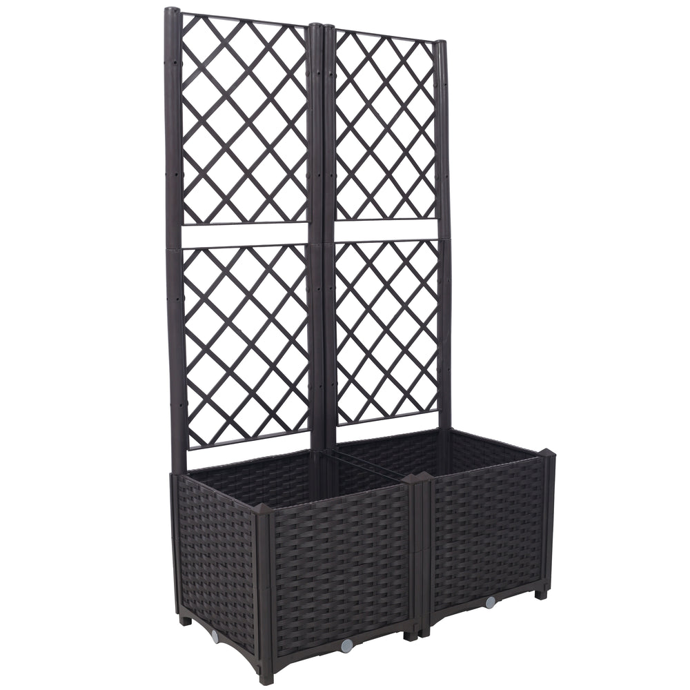 Poly Rattan Brown Trellis Raised Bed  with Drainage Plug - 2 Removable Pots with Large Flower Boxes - Built-in Support for Climbing Plants - Outdoor Patio Garden Decoration Media 1