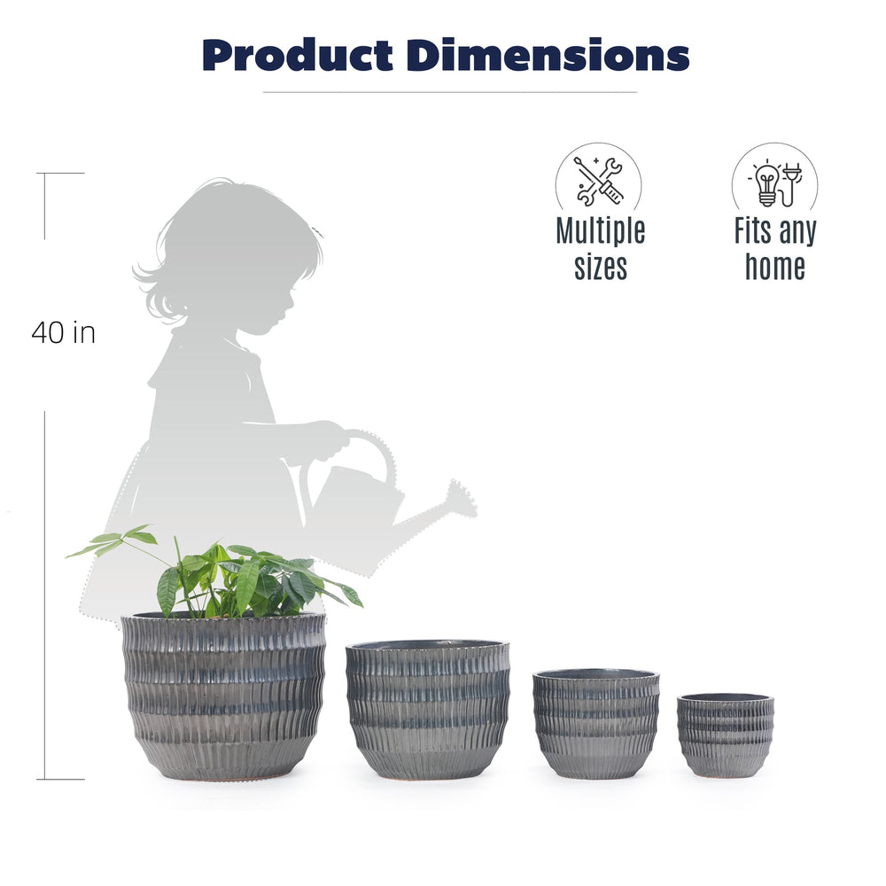 Handmade Matte Metallic Charcoal Gradient Glaze Ceramic Planter Set of 4, 7/9/12/14 Inch, Horizontal Grooves, Indoor & Outdoor Herb Succulent Pots, Breathable Clay with Drainage Holes Media 6