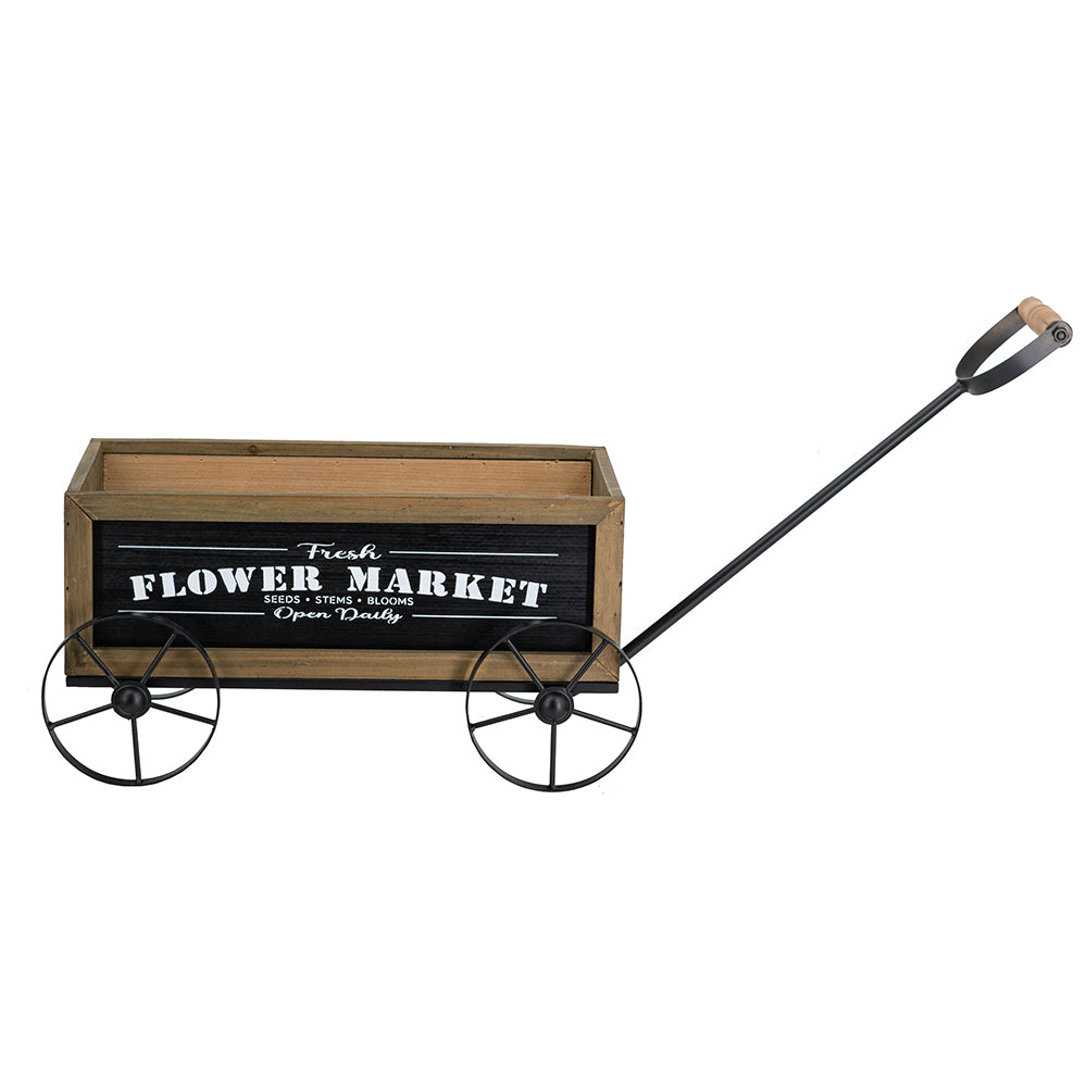 16.5x9.5x8' Rustic Wooden Wagon Planter with Black Iron Wheels and Handle Media 5