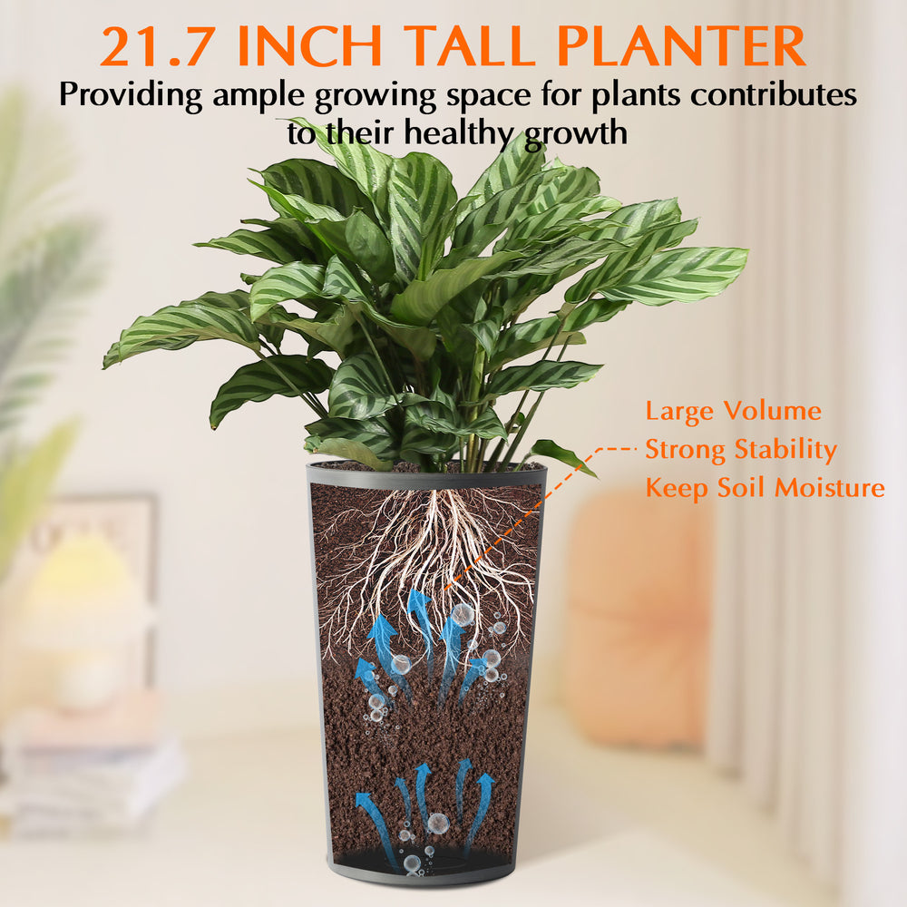 2 Pack Tall 21.7 in Planters for Outdoor Plants Modern Tall Square Planter Box Indoor Outdoor Porch Patio Flower Pot Modern Big Tapered Matte Tree Flower Pot for Garden, (Grey) Media 10