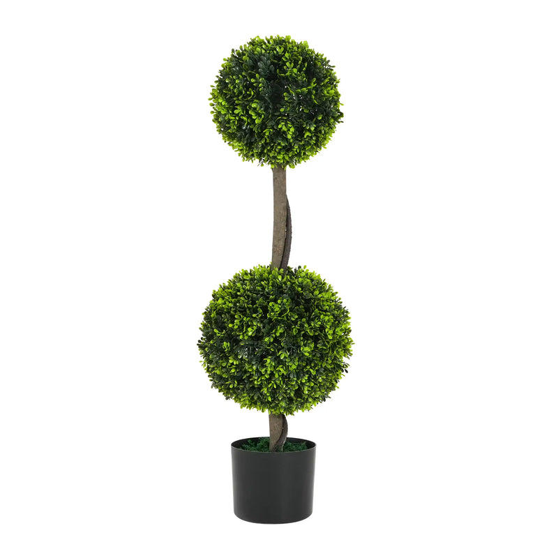 34' Artificial Topiary Boxwood Tree Double Ball with Black Plastic Pot, Set of 2