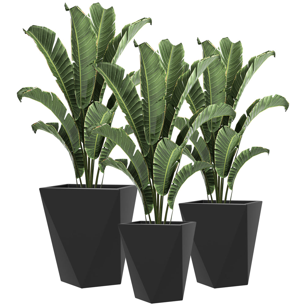 Outsunny Set of 3 Tall Planters, 18', 15.25', 11.75', MgO Indoor Outdoor Planters with Drainage Holes, Stackable Flower Pots for Garden, Patio, Balcony, Front Door, Black Media 1