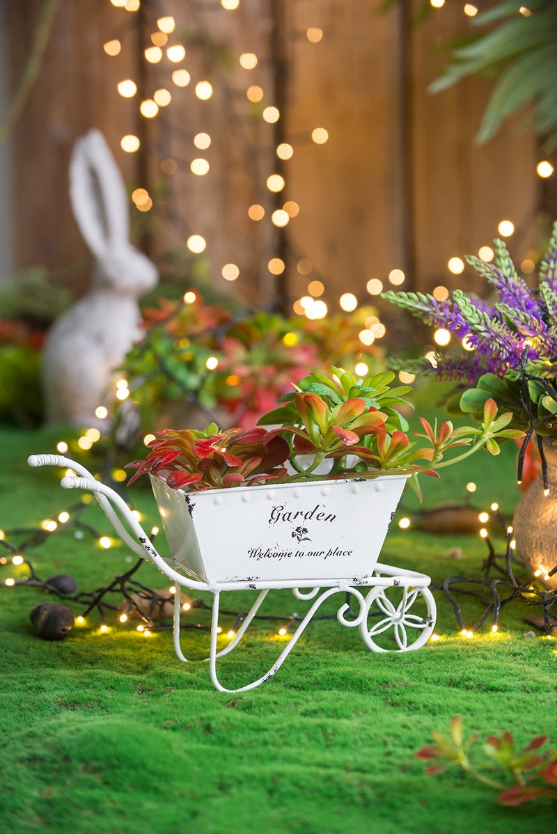 11.5x4x7' White Metal Decorative Disressed Wheelbarrow Planter, Tabletop Decor