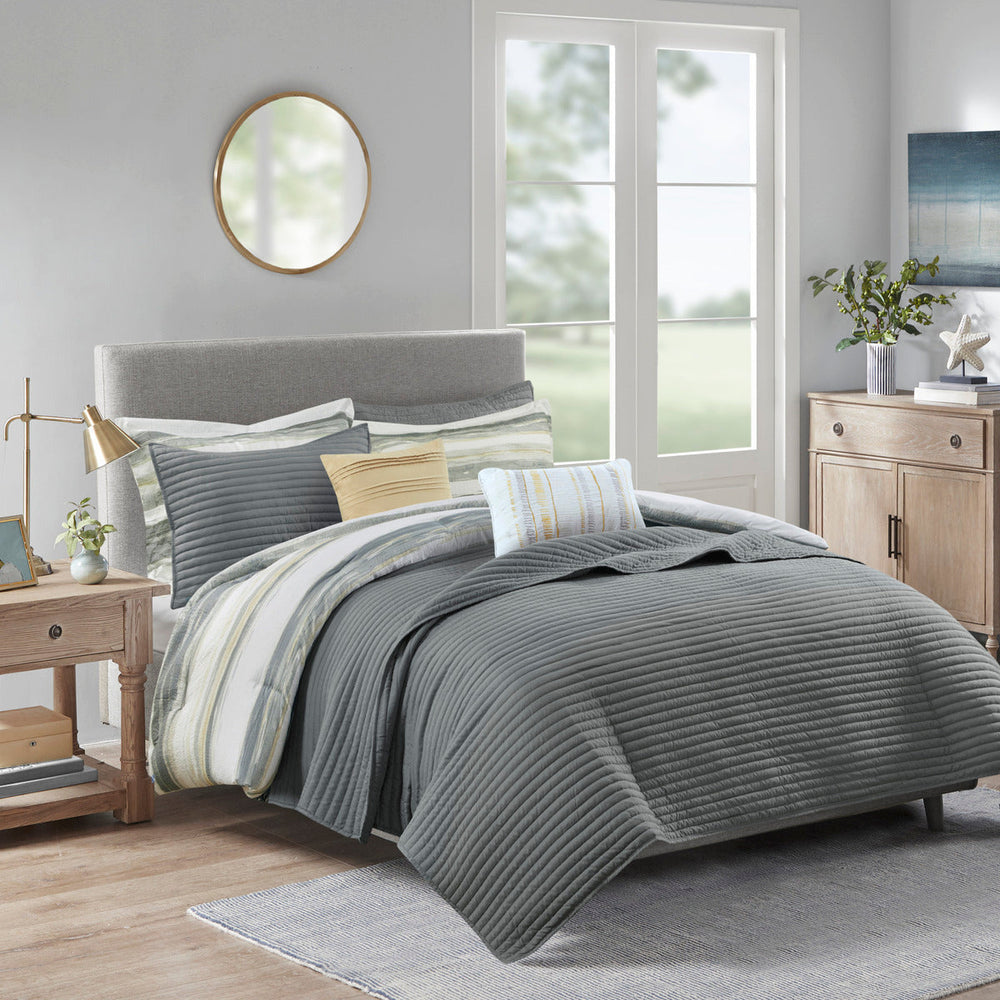 8 Piece Printed Seersucker Comforter and Quilt Set Collection Yellow Full/Queen Media 5