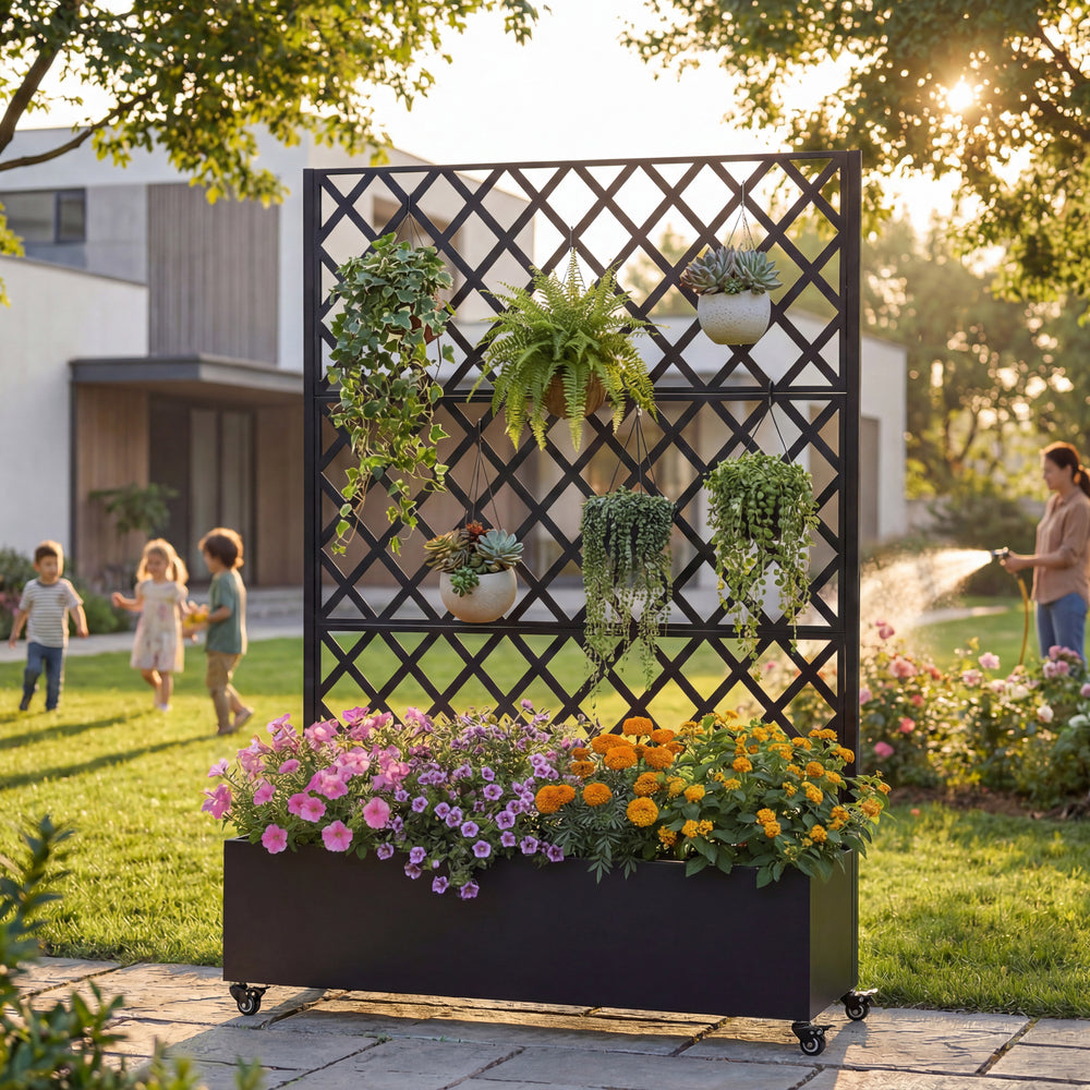 Metal Raised Garden Bed with Wheels and Trellis,73'x47'x16' Planter Box for Climbing Plants, Vegetables & Vines, Features Privacy Screen and Drainage Holes Media 1