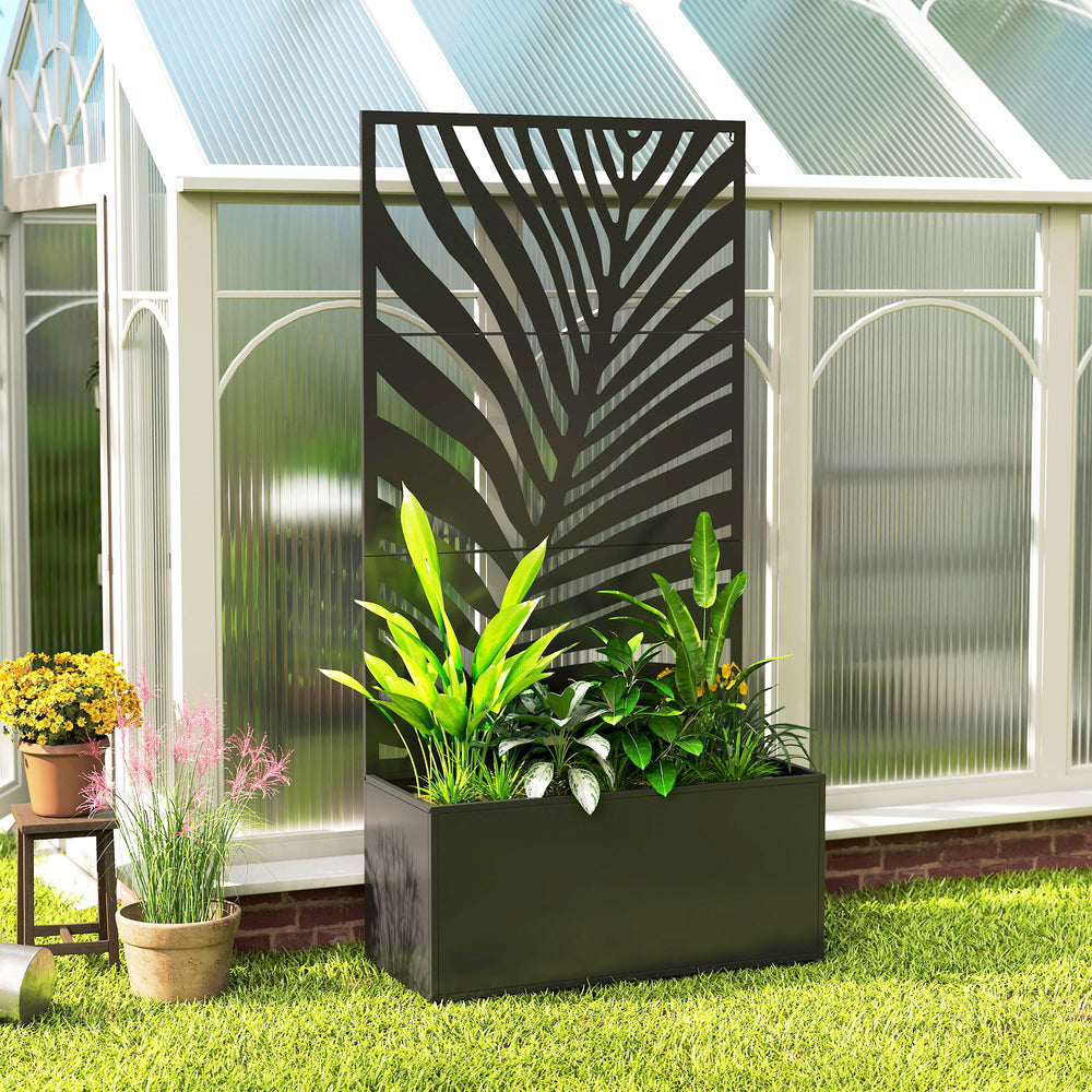Outsunny Metal Planter Box with Trellis, Raised Garden Bed with Privacy Screen for Climbing Plants, Leaf Cut-Out Privacy Planter Media 3