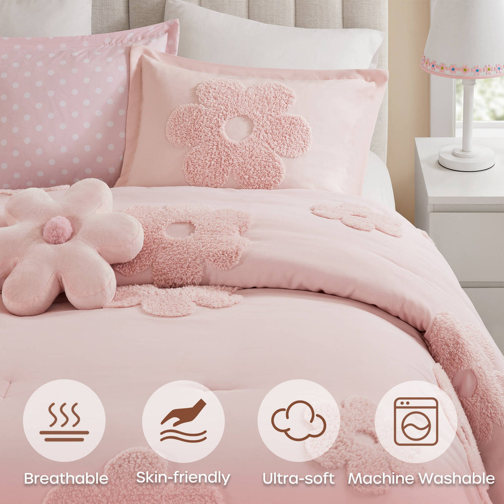 4-Piece Full/Queen Floral Reversible Tufted Chenille Comforter Set with Flower Throw Pillow,Pink Media 2
