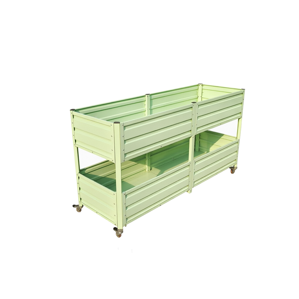 Dual Tier Elevated Metal Raised Garden Bed with Lockable Wheels, Staggered 2-Layer Raised Planter Box for Vegetables Herbs Flowers, Outdoor Patio Backyard Green Planting Bed,Green Media 18