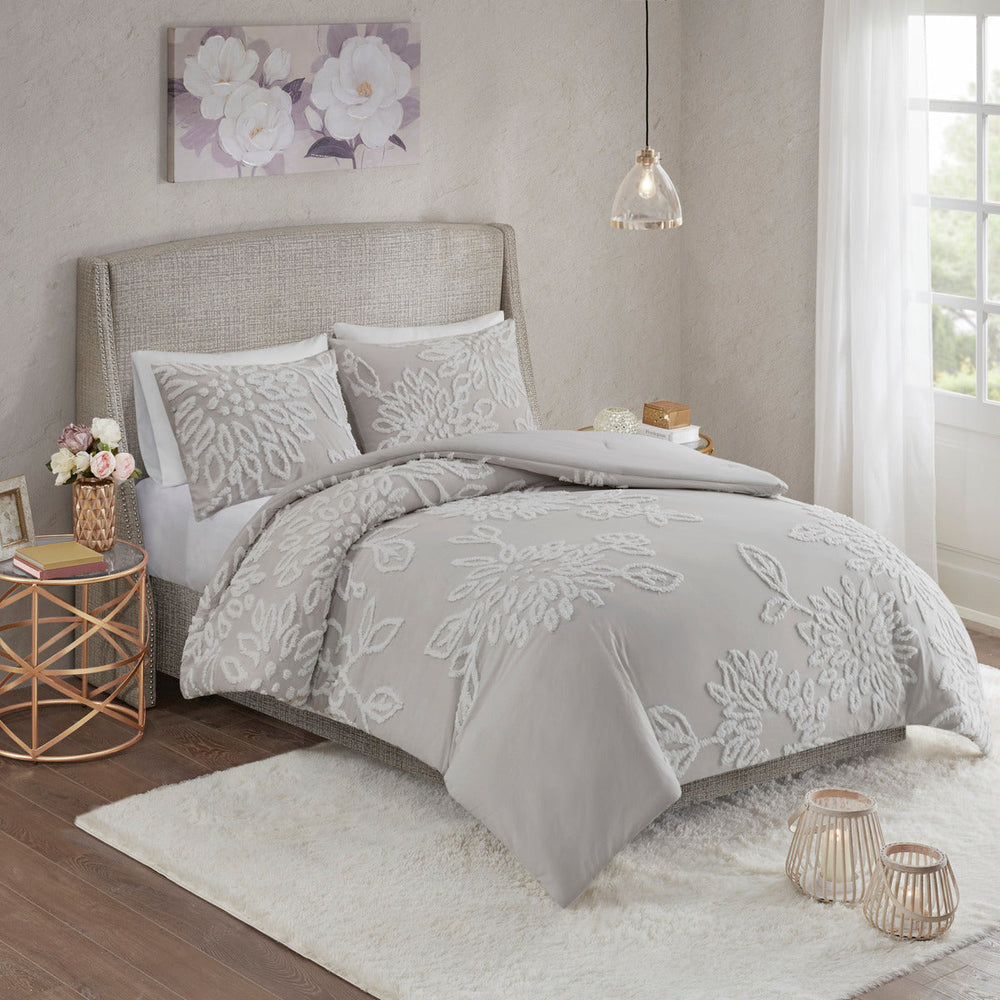3 Piece Tufted Cotton Chenille Floral Comforter Set Warm Grey/White Full/Queen Media 1